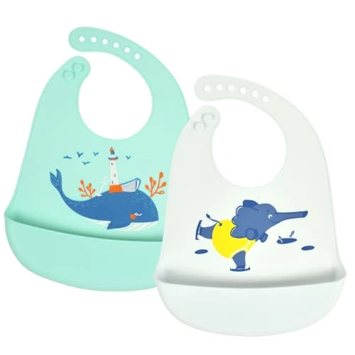 Offerta a tempo: Vicloon Bavaglino in Silicone, 2 Bavaglini con Vaschetta di Raccolta, 6 Pulsanti Regolabili, Senza BPA, Bavaglini per Bambini, Facile da Pulire, Impermeabile per Neonati e Ragazze, Elefante e Balena - 10% da 9.99 € a 9.02 €