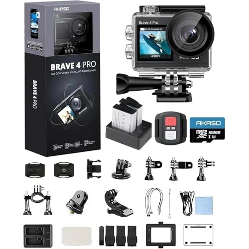 Tijdelijke aanbieding: AKASO Brave 4 Pro Action Cam 4K30FPS 20MP met 128GB U3 geheugenkaart, 40 m onderwatercamera, Ultra HD touchscreen, 170 graden groothoek, EIS-stabilisatie, 5 x zoom, 2,4 G afstandsbediening en 2 accu's van 150.00 € naar 150.00 € (0.0