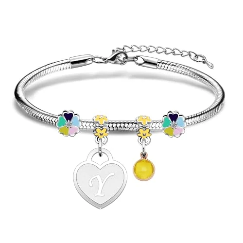 Hcvone Pulsera inicial con mujer niña amiga hermana cumpleaños Navidad inspiración regalos ajustables colgante con letra A-Z color plata pulsera joyas, 2.5cm, Acero inoxidable, No es una piedra