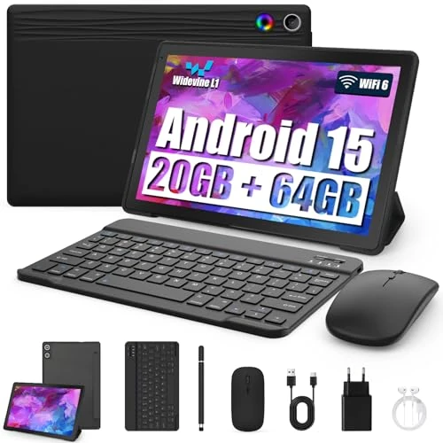 Offerta a tempo: Tablet 10 Pollici Kit 8-in-1 Android 15 Tablet PC con Custodia, Tastiera, Mouse, Penna, Cuffie, Alimentatore, Cavo, Octa-Core, 20 GB RAM, 64 GB ROM, Espandibile 1TB,Display IPS 1280x800,5000 mAh(Nero) - 15% da 99.99 € a 85.49 €