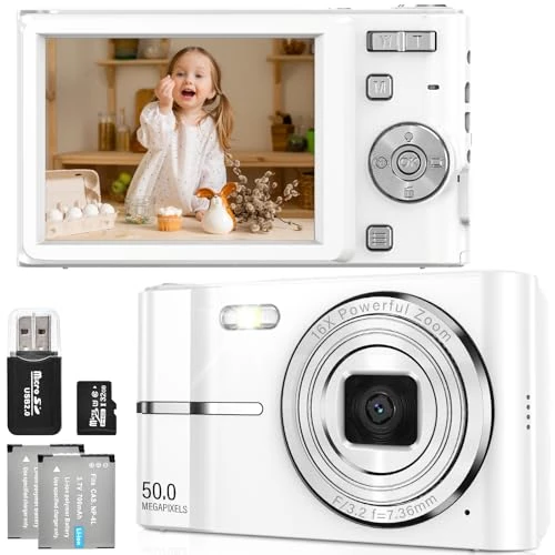 FAYIBUY Digitale camera, 50 MP, 1080p FHD, digitale camera met 16-voudige digitale zoom, oplaadbare compacte digitale machine met 32 GB kaart voor kinderen, studenten, beginners (wit)