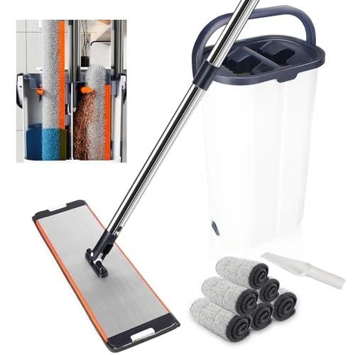 Mop Set with Bucket, Set of 6 Microfibre Pads and Equipped with 147 cm Extended and Thickened Handle, Separates Dirt from Fresh Water, Mop with Wring Function for All Floors (40 x 12 cm)