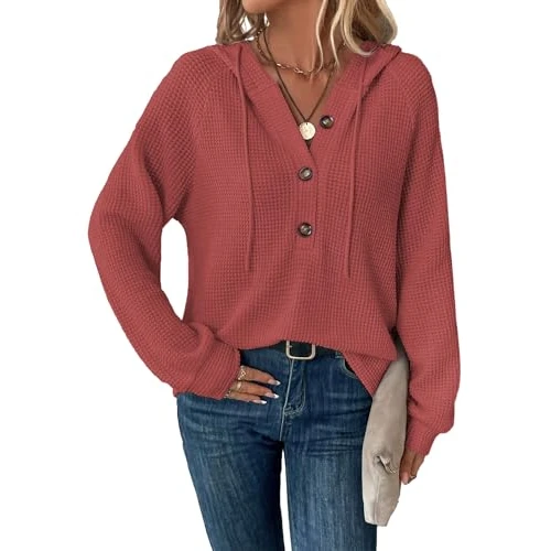 SENBATU Felpa con Cappuccio Manica Lunga Button Placket Felpa con Cappuccio Felpa con Coulisse Rosso Mattone Small