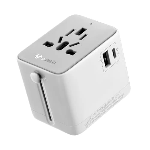 GONEO Adapter Podróżny na Całym świecie 15W Wtyczka Międzynarodowa z 2 USB 1 Typu A 1 Wtyczka AC Gniazdka dla UE Wielkiej Brytanii USA Aus Automatyczne Resetowanie Ośmiokrotna Ochrona Jasnoszary