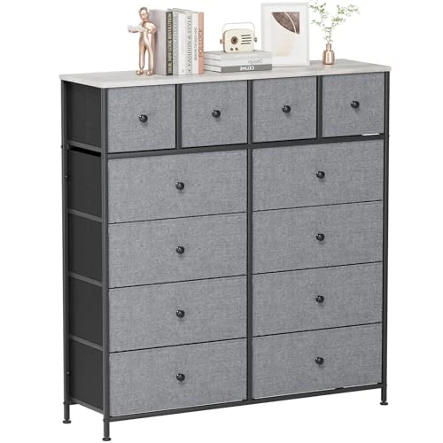 Oferta ograniczona: Clevich Komoda z materiału, toaletka, szafka do przechowywania, 12 szuflad z tkaniny, metalowa rama, styl industrialny, do salonu, korytarza, sypialni (ciemnoszara) z 499.99 EUR na 499.99 EUR (znizka 0%)