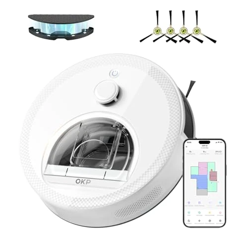OKP L6 Robot Aspirapolvere Lavapavimenti con Mappatura, LiDAR DToF Intelligente, 6000Pa, 150 Min, Zone No-Go, WiFi 2.4G/5G, Aspirapolvere Robot Silenzioso Ideale per Peli di Animali Pavimenti Duri