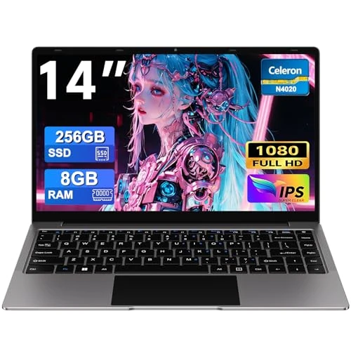 bvate Laptop 14 inch notebook 8 GB RAM 256 GB SSD RPM 600 notebook Celeron tot 2,8 GHz laptop Win 11 met draadloze muis en stickers voor Italiaans toetsenbord - grijs