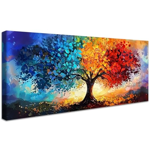 Limited-time offer: Wooden Framed Large Canvas Wall Art Blue Yellow Red Tree of Life Painting on Canvas Prints Poster Colorful Tree Floral Pictures for Living Room Bedroom Restaurant Home Office Wall Decoration 50x120cm from 39.99 GBP to 39.99 GBP (save 0%)