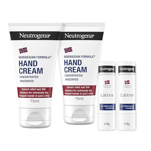 Neutrogena Norwegian Formula Skincare Kit Set Hand and Lip Cream with Concentrated Unscented Hand Cream 2 x 75 ml and Lip Balm Stick 2 x 4.8 g for Dry Skin and