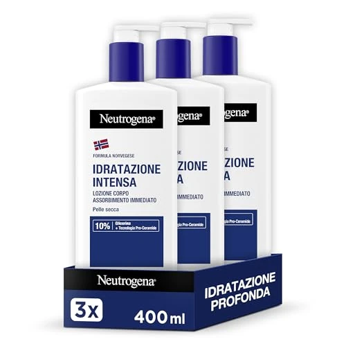 Neutrogena Formula Norvegese Lozione Corpo Idratazione Intensa, Crema corpo per 72h di nutrimento, Crema idratante corpo 10% Glicerina, Crema corpo idratante pelle secca, 3 x 400 ml – Esclusiva Amazon