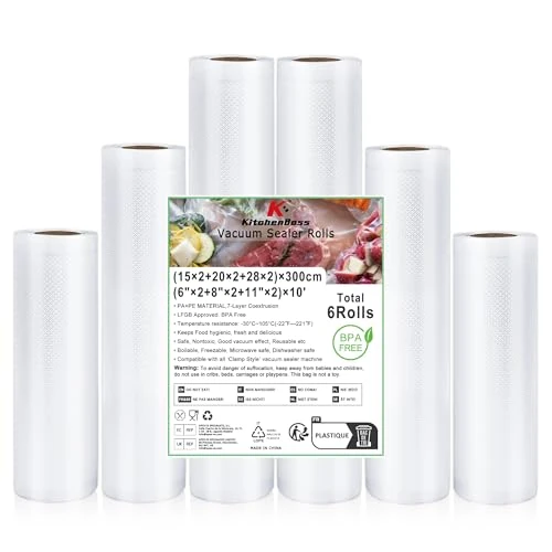 KitchenBoss Rotoli Sottovuoto per Alimenti：Sacchetti Sottovuoto per Alimenti 6 Rotoli, 15X2/20x2/28x2/300cm Buste Sottovuoto Alimenti, Sacchetti per Sottovuoto Alimenti Adattata Macchina Sottovuoto