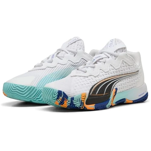 PUMA Nova Elite tennisschoen unisex, Puma Wit PUMA Zwart Levendig Blauw Heat Fire, 42.5 EU