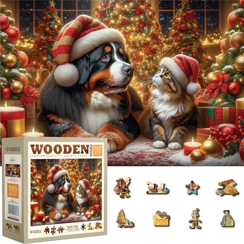 WOODEN.CITY 500 stukjes houten kerstpuzzel - feestelijke vakantiescène met 50 unieke beeldjes, premium lasergesneden hout, seizoensdecoratie (kersthond en kat)