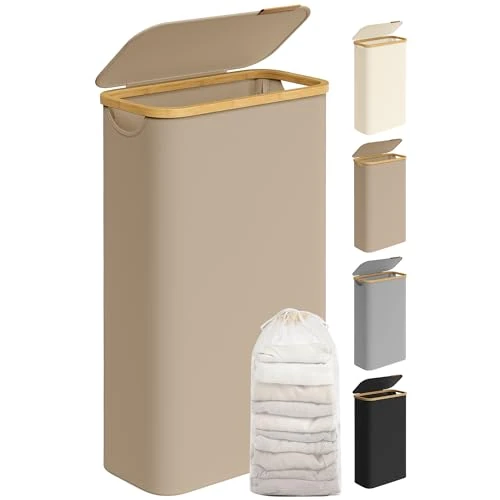 SONGMICS Panier à Linge Mince avec Couvercle, 65L, Gain de Place, Doublure en Maille Amovible, Tissu Oxford, Poignées en Bambou, Pliable, 42 x 22,5 x 70,5 cm, Marron Camel LCB506N02