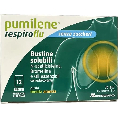 Offerta a tempo: Pumilene Respiroflu 12 Bustine solubili con N-acetilcisteina, Bromelina, Oli essenziali, Gusto menta arancia, 36 g - 32% da 13.00 € a 8.79 €