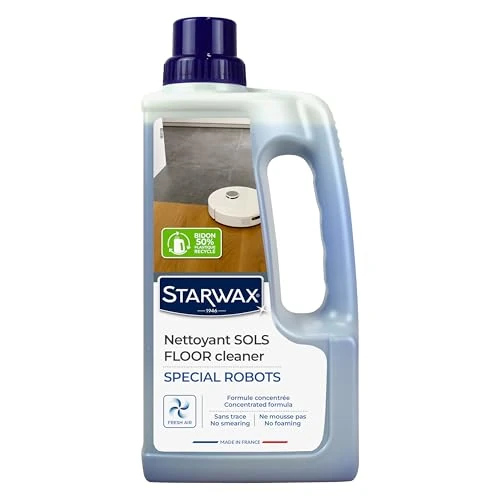 Offre limitée : STARWAX Nettoyant sols Spécial Robots 1L, parfum brise marine, formule concentrée, nettoie dégraisse et parfume carrelage et PVC sans trace ne mousse pas, compatible tous robots et aspirateurs laveurs de 15.04 € à 13.90 € (8% de remise)