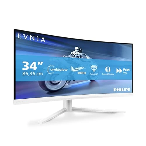 Offerta a tempo: Philips Evnia 34M2C5501A - Monitor gaming curvo WQHD da 34 pollici, 180 Hz, 1 ms, FreeSync Premium, Ambiglow (3440x1440, 2x HDMI 2.0, 1x DisplayPort 1.4, Hub USB) bianco - 16% da 379.90 € a 319.00 €