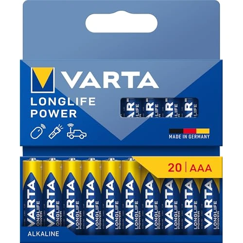 VARTA Piles AAA, lot de 20, Longlife Power, Alcalines, 1,5V, emballage recyclé à 90%, adaptées aux jouets, souris sans fil, lampes de poche, Made in Germany