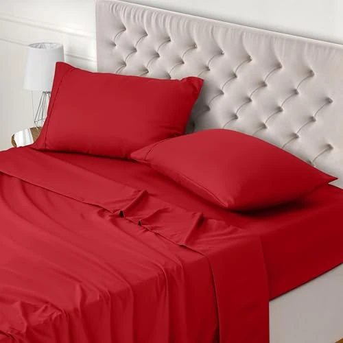 Utopia Bedding 4 Piece Bedding Set (For Bed Sheet Size 135x190cm, Red) - Polyester Microfiber Fabric - 1 Fitted Sheet & Flat Sheet with 2 Pillowcases 50x75cm