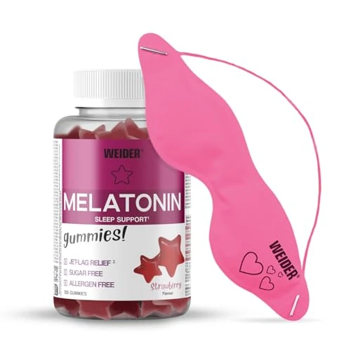 Offre limitee: Weider Pack Melatonin 120 Gummies Goût Fraise + Masque Beauté pour les yeux, 1 mg mélatonine/gomme, Aide contre les troubles du sommeil, insomnie, jet-lag, avec Vitamine B6, Sans Sucre, Sans Gluten de 21.14 EUR a 14.60 EUR (economie 31%)