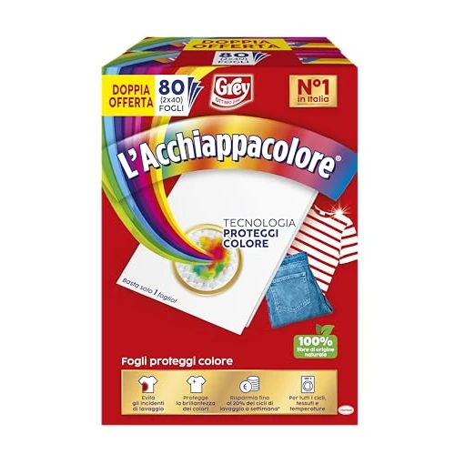 Offerta a tempo: Grey L'Acchiappacolore Fogli Cattura Colore Lavatrice Evita Incidenti Lavaggio, Foglietti Acchiappacolore e Anti Sporco, Confezione da 80 fogli, 40 x 2 - 27% da 9.90 € a 7.19 €