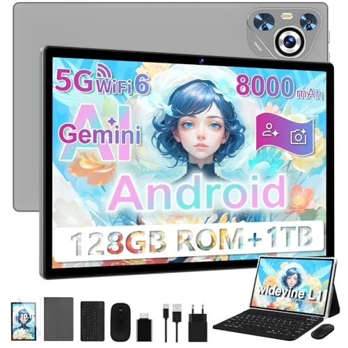 Dghrti Tablet Android 14 tablet, 22 GB RAM + 128 GB ROM/WiFi 5G + 2,4 G, 8 kernen, 8000 mAh, Widevine L1, BT5.0, 8 MP + 5 MP, GMS gecertificeerd/ouderlijk toezicht, tablet met muistoetsenbord, grijs
