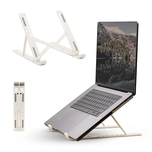 MB RAISES - Przenośny uchwyt na komputer, antypoślizgowe gumki, stojak na tablet z 10 poziomami wysokości, mały i praktyczny, wentylacja i odprowadzanie ciepła, biały