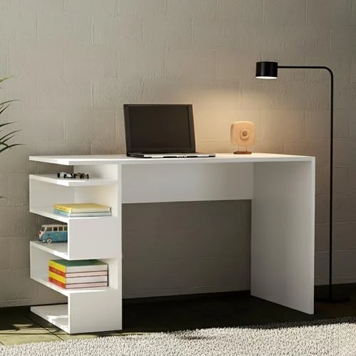 Offerta a tempo: Dmora - Scrivania Caelus, Scrittoio Multiuso, Tavolo per Ufficio Porta PC, Piano di Lavoro, 120x60 h75 cm, Bianco - 51% da 153.99 € a 74.99 €