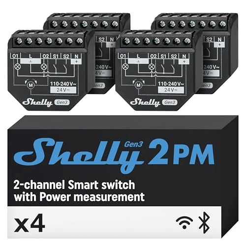 Shelly 2PM Gen3 - Interrupteur volet roulant connecté Wi-Fi, 2 Canaux - 16 A, Mesure de consommation électrique, app iOS Android, puce Shelly 8MB, Compatible avec Alexa, Google Home - Lot de 4