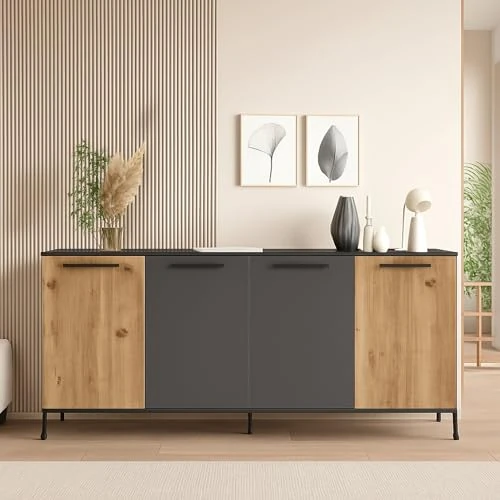Offerta a tempo: Dmora - Credenza Alfrick, Buffet da Soggiorno, Madia da Salotto, Dispensa da Cucina, 160x40 h72 cm, Quercia e Antracite - 0.00% da 368.99 € a 368.99 €