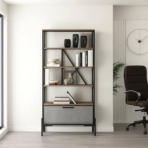 Offerta a tempo: Dmora Bücherregal Musik 75,5x44,5x160,8 cm Braun 4 Regale 1 Tür - 0.00% da 250.99 € a 250.99 €