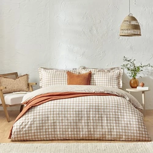 furn. Yard Barton Gingham zestaw poszewek na kołdrę w kratę – 100% bawełna, dwustronna, poszewka na poduszkę Oxford, miękka i oddychająca pościel premium (pojedyncza – biszkoptowa), kremowy