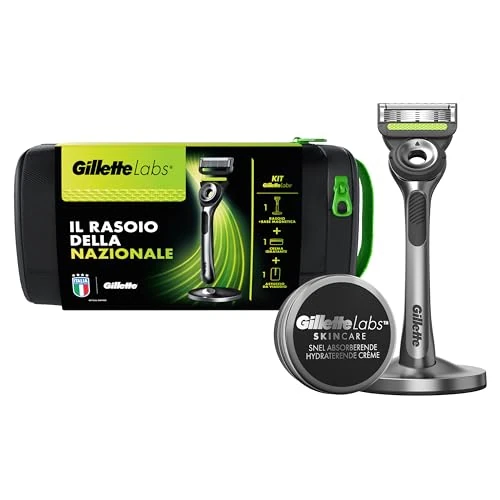Gillette Labs męska maszynka do golenia z wbudowanym drążkiem, 1 uchwyt + 1 zapasowa żyłka + 1 podstawa magnetyczna + 1 krem nawilżający