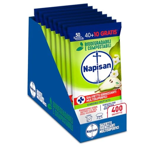Offerta a tempo: Napisan Salviette Igienizzanti Multisuperfici Giardino Fruttato, Confezione da 8 Pacchi da 50 Salviette Igienizzanti Biodegradabili e Compostabili - 45% da 23.92 € a 13.10 €