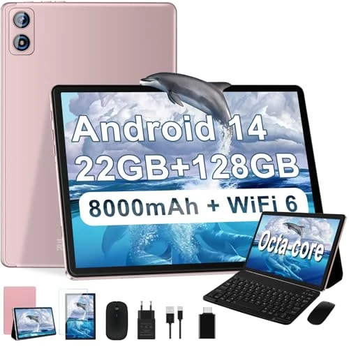 2025 Newest Tablet 10 inch Android 14, 22 GB RAM + 128 GB ROM/TF 1 TB, 8-core 2.0 GHz, 8000 mAh, UFS 2.1 Flash, metalen behuizing, dual wifi, BT5.0, 8 + 5 MP, Widevine L1, met toetsenbord en muis,
