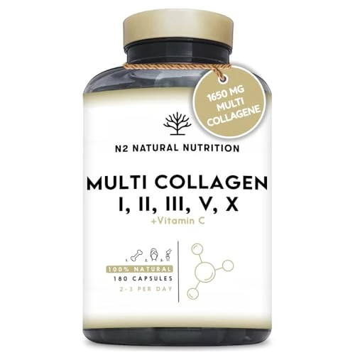 Offerta a tempo: MULTI COLLAGENE Idrolizzato 1650mg. Peptidi di Collagene Marino e Bovino Tipo 1, 2, 3, 5, 10. Collagene Integratore per Articulazioni, Pelle e Ossa + Vitamina C. 180 Capsule. N2 Natural Nutrition - 0.00% da 22.95 € a 22.95 €