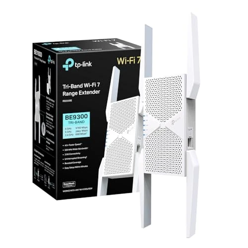 TP-Link RE655BE Tri-Band Wi-Fi 7 Amplifier Repeater BE9300, up to 5764 Mbps (6 GHz) + 2882 Mbps (5 GHz) + 688 Mbps (2.4 GHz), EasyMesh, 1 x 2.5 Gigabit LAN Port, 4 x External Antennas, WWPA3