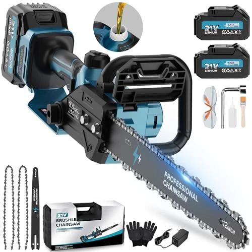 12 Inch Battery Chainsaw, 2 x 4000 mAh Wireless Electric Chain Saw, Wireless Pruning Saw for Garden Tools, Wood Cutting, DIY (1800W Brushless) - PowerCut X13