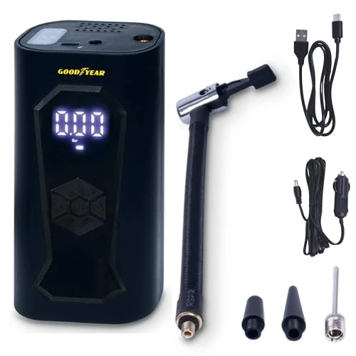 Goodyear Portable Rechargeable Wireless Compressor 6000 mAh, 5 in 1, Inflation, Deflation, Pressure Measurement, Power Bank, 6 LED Flashlight, Accessories Included, Cigarette Lighter Socket