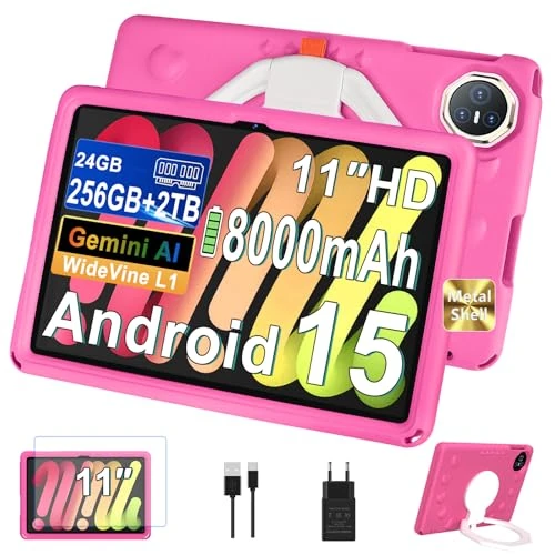 Offerta a tempo: Dghrti Tablet 11 Pulgadas Android 15, 24GB+ 256GB/2TB, Octa-Core, Gemini AI/Widevine L1, 8000 mAh, 13MP+5MP, Cuerpo Metálico, Tableta Grande con EVA Silicona Funda Protectora-Rosa - 59% da 341.99 € a 139.99 €