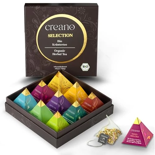 Creano Set de regalo de té de hierbas orgánico premium – 9 bolsas de té piramidales en 9 diferentes variedades – 22,5g – Novedad 2024*