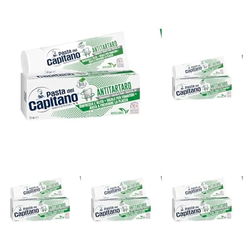 Pasta del Capitano, Dentifricio Antitartaro Bio, Dona Freschezza e Rinfresca l'Alito, Ideale per i Fumatori, Aiuta a Prevenire la Placca, 100% Made in Italy, Tubetto da 75 ml (Confezione da 5)