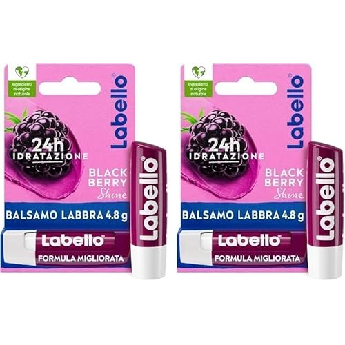 Labello Blackberry Shine Burrocacao Labbra 4.8 g, Balsamo Labbra Colorato All'Aroma Di More, Lip Balm Idratante 24H Con Ingredienti Naturali E Pigmenti Colorati (Confezione da 2)