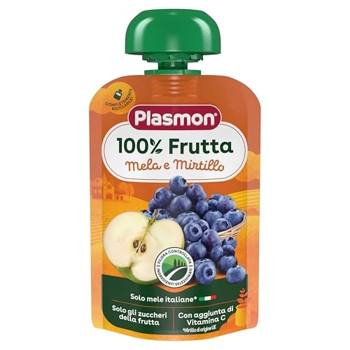 Offerta a tempo: Plasmon 100% Frutta Mela e Mirtillo 100g Pouch Con aggiunta di Vitamina C, solo gli zuccheri della frutta (Confezione da 10) - 53% da 13.50 € a 6.30 €