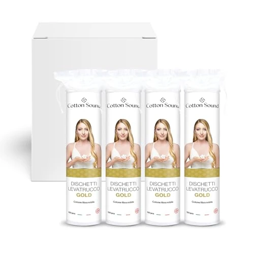 COTTON SOUND GOLD Dischetti Struccanti 120 Pezzi, Dischetti 100% Cotone, Adatti alle Pelli Sensibili, Ideali per la Rimozione del Trucco, Lato Liscio e Lato Goffrato, Made in Italy (Confezione da 4)
