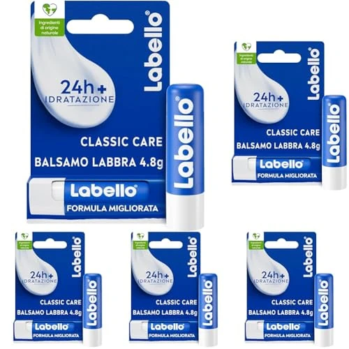 Offerta a tempo: Labello Classic Care Balsamo Labbra 4.8 g, Burrocacao labbra classico fondente sulle labbra, Lip balm con burro di karité idratante fino a 24 ore, Senza oli minerali e paraffine (Confezione da 5) - 45% da 12.95 € a 7.11 €