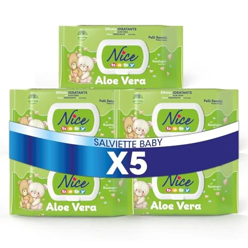 Nice Baby Aloe Vera Salviette per Cambio Pannolino, con Aloe Vera ad Effetto Idratante sulla Pelle, Dermatologicamente Testate, 5 Confezioni da 72 Salviette