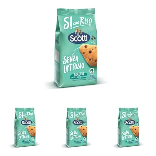 Si con Riso - Biscotti con Riso e Gocce di Cioccolato Senza Lattosio - Ideali per la Colazione, Senza Olio di Palma - 350 gr (Confezione da 4)