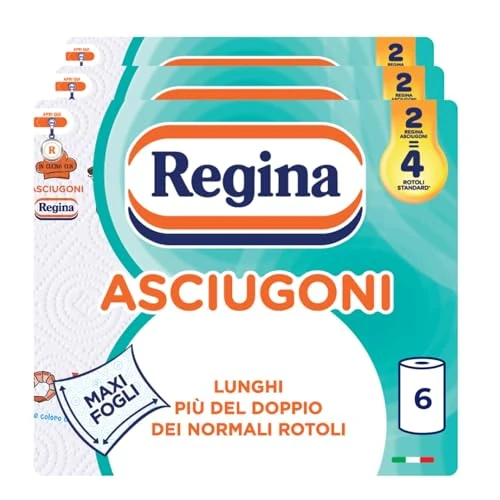 Regina Asciugoni Carta Cucina, Confezione da 6 Rotoli a 2 veli, 100 strappi per rotolo Maxi fogli| Lunghi più del doppio dei normali rotoli