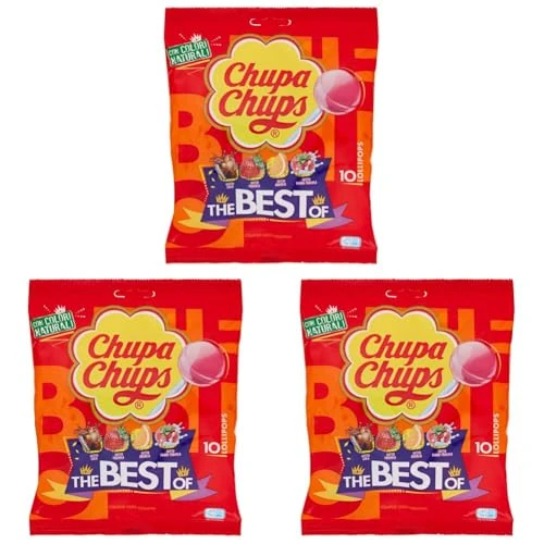 Offerta a tempo: Chupa Chups The Best Of, Caramelle Lecca Lecca, ai Gusti Assortiti Fragola, Arnancia, Cola, Panna-Fragola, Senza Glutine, Multicolore, 120g, Confezione da 3, ottimo da condividere - 19% da 6.60 € a 5.37 €